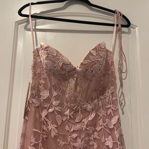 Formal lace overlay light pink prom dress
